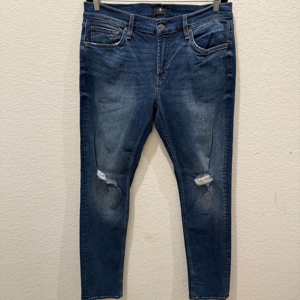 7 For All Mankind Mens Skinny Distressed Dark Wash Jeans Blue Size 36